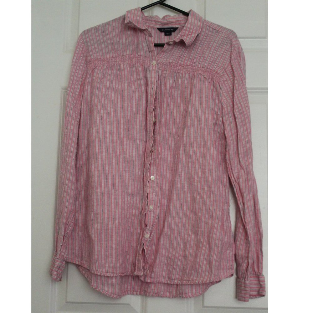 Lands End Linen Tunic Top Pinstripe Smocked Chest Lagenlook Beach Summer Sz L